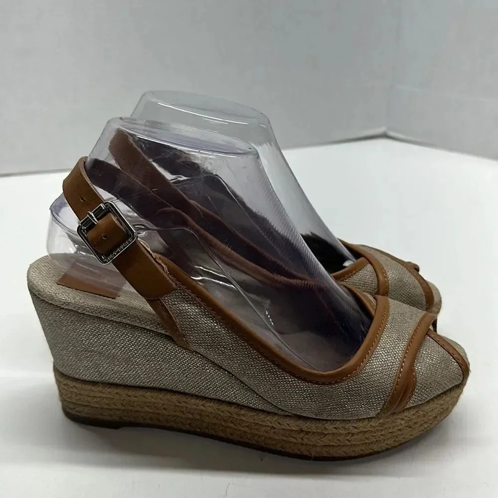 Tory Burch Mya Espadrille Wedge Heels Pump Peep Toe Slingback Brown Sparkle 7